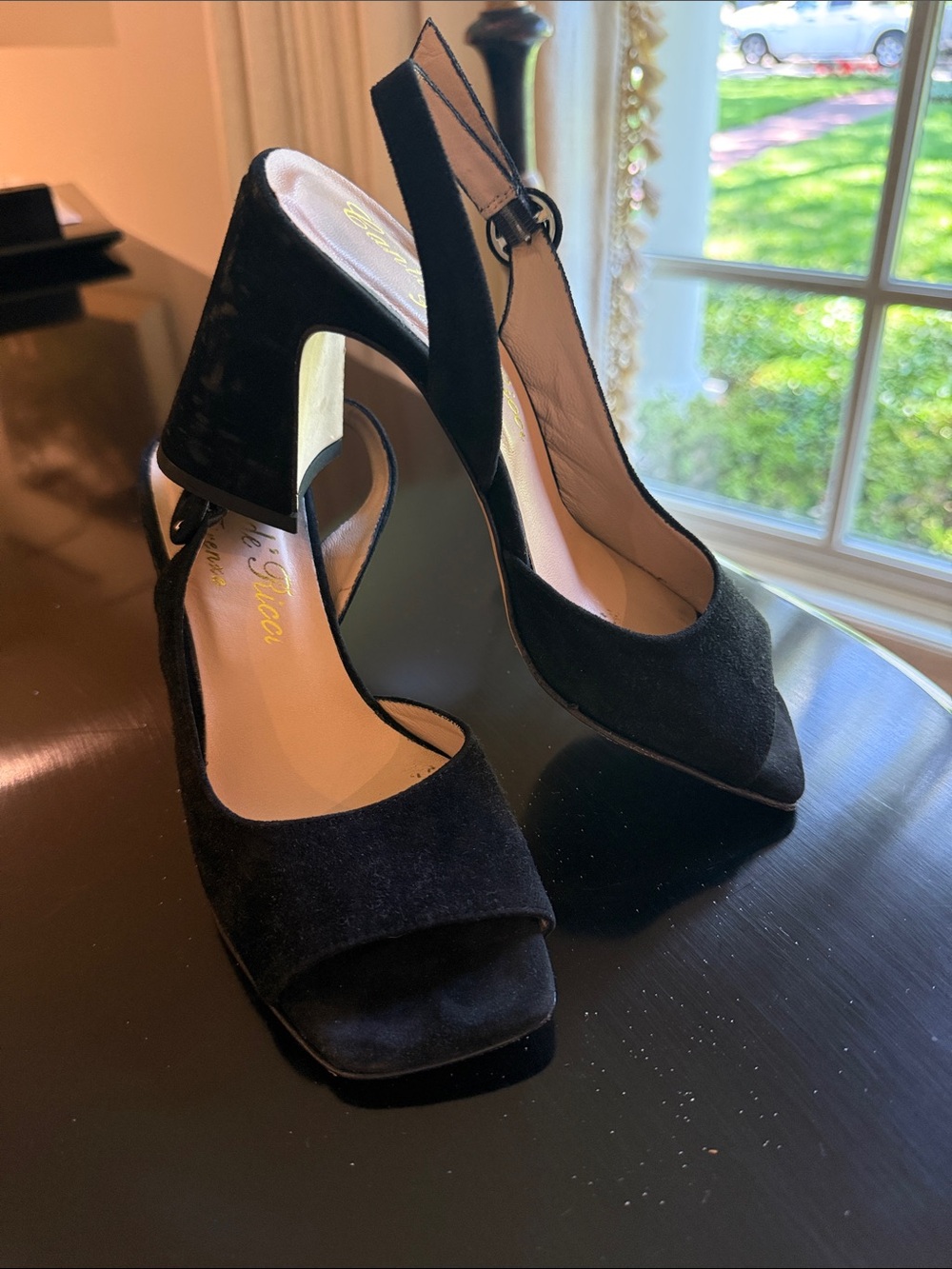 Black Suede Slingback Block Heel Pumps